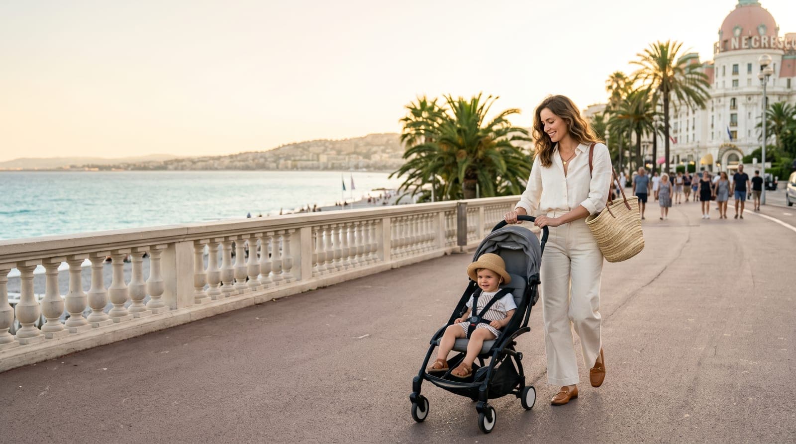 Maman élégante poussant une poussette Yoyo compacte sur la bordure de mer de la Côte d'Azur