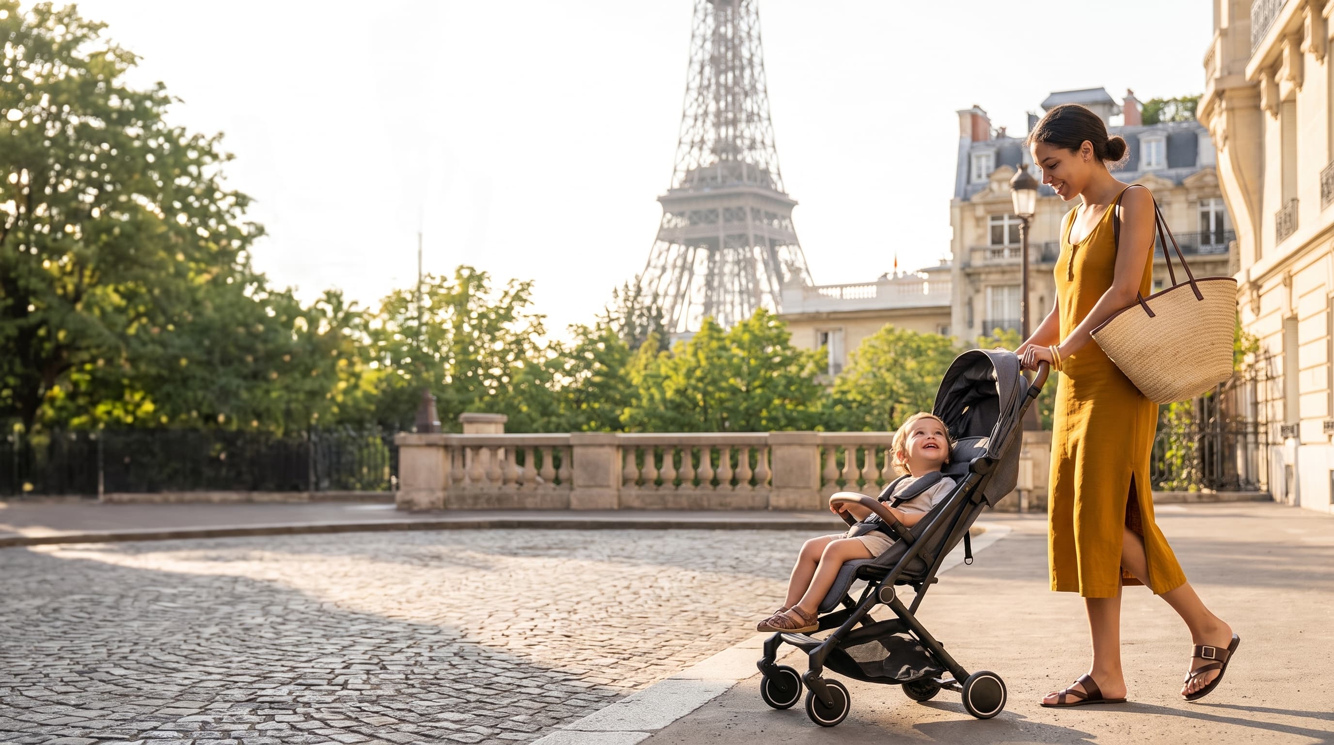 Mère et enfant avec une poussette devant la Tour Eiffel à Paris