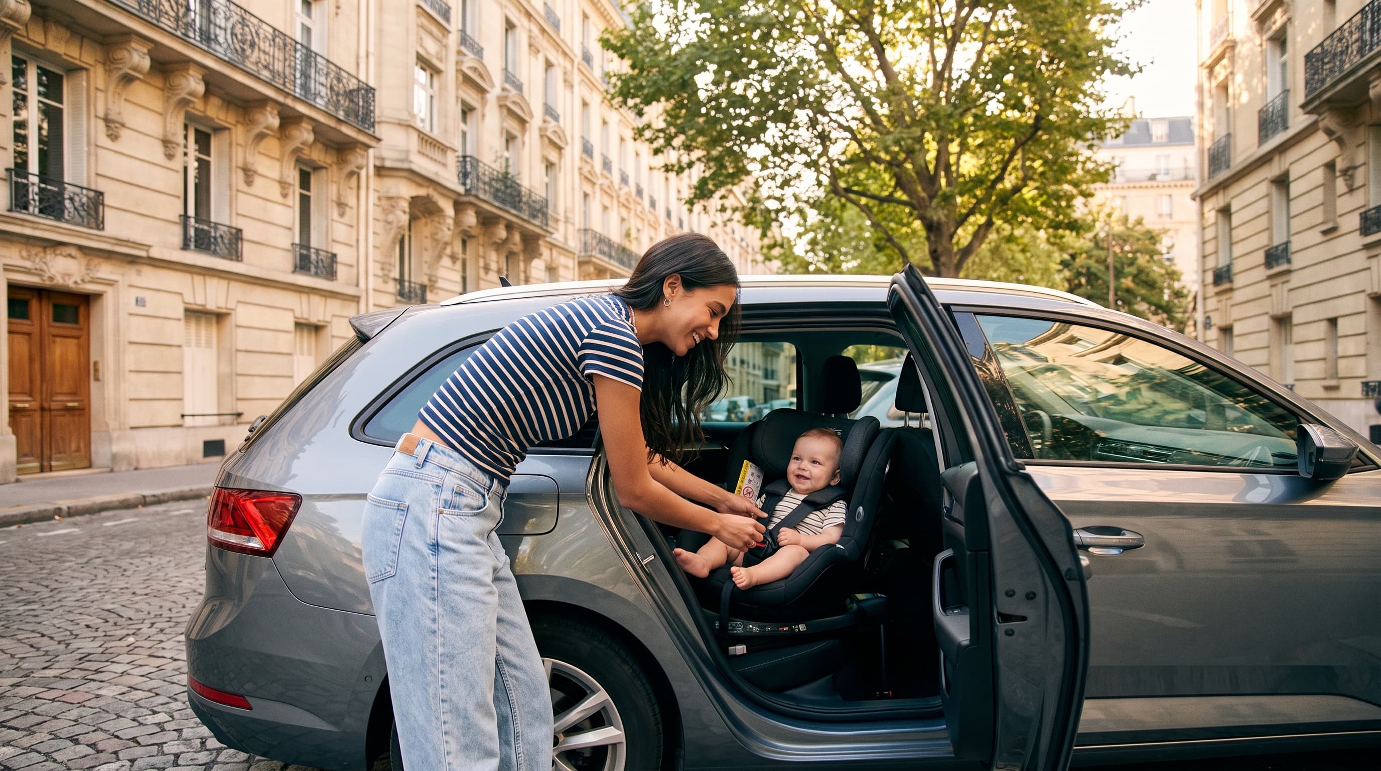 Mère installant son bébé dans un siège auto à Paris