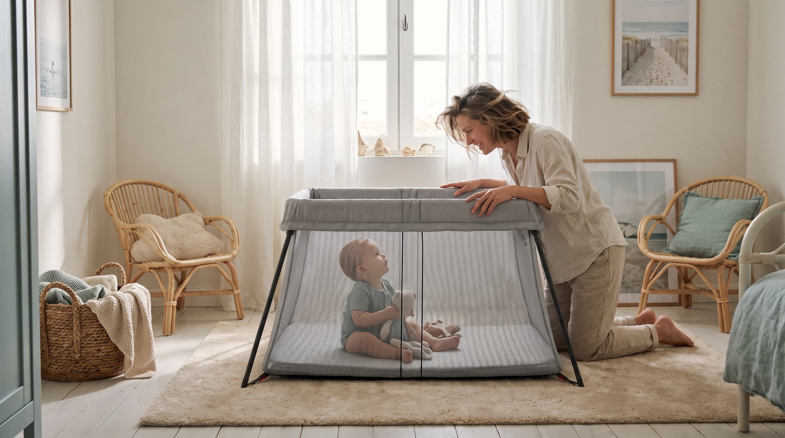 Parent et bébé avec un lit parapluie dans une chambre au bord de mer