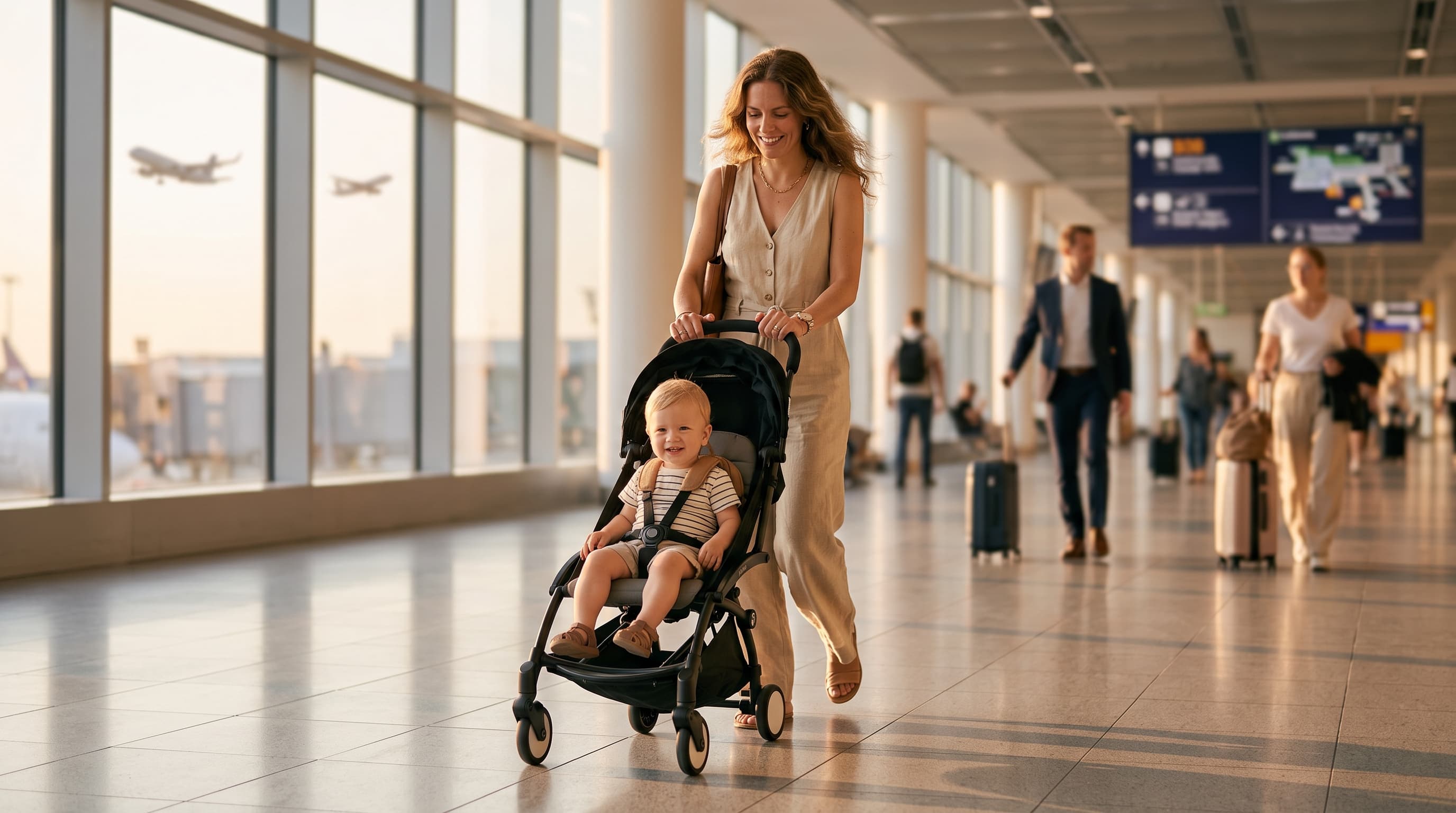 Parent voyageant avec son enfant en poussette dans un aéroport